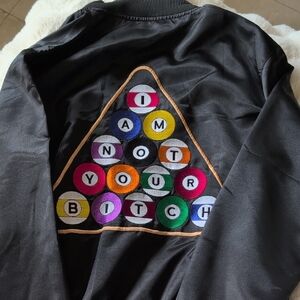 Black Satin Bomber Jacket with Bold I AM NOT YOUR B*TCH Graphic Design